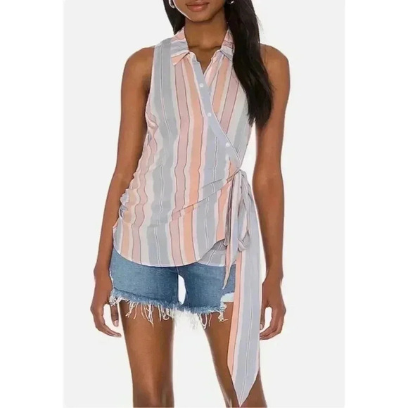 Free People Womens Blouse Size SP Sleeveless Striped Wrap Tie Waist Casual - Picture 2 of 10
